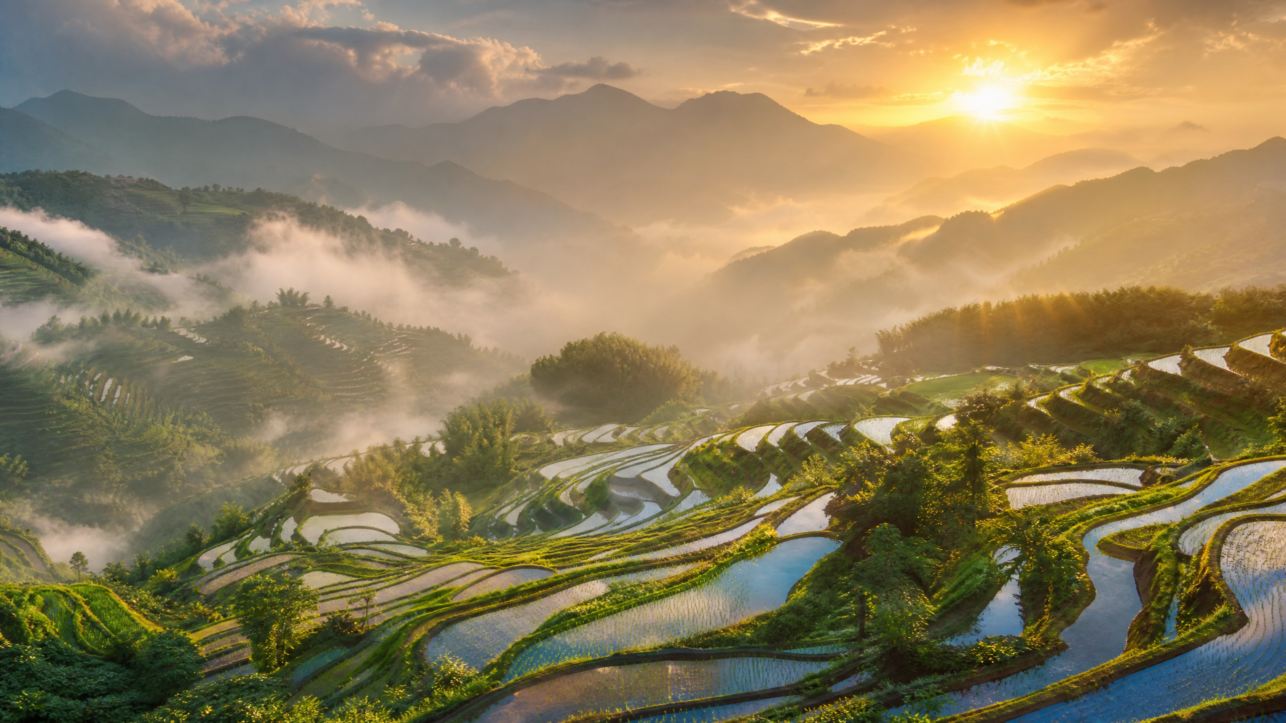 晨雾梯田与柴‍火饭慢视频背景